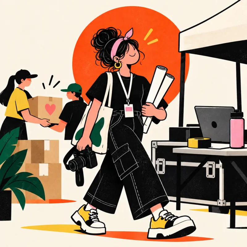 Illustration of a production coordinator working with volunteers