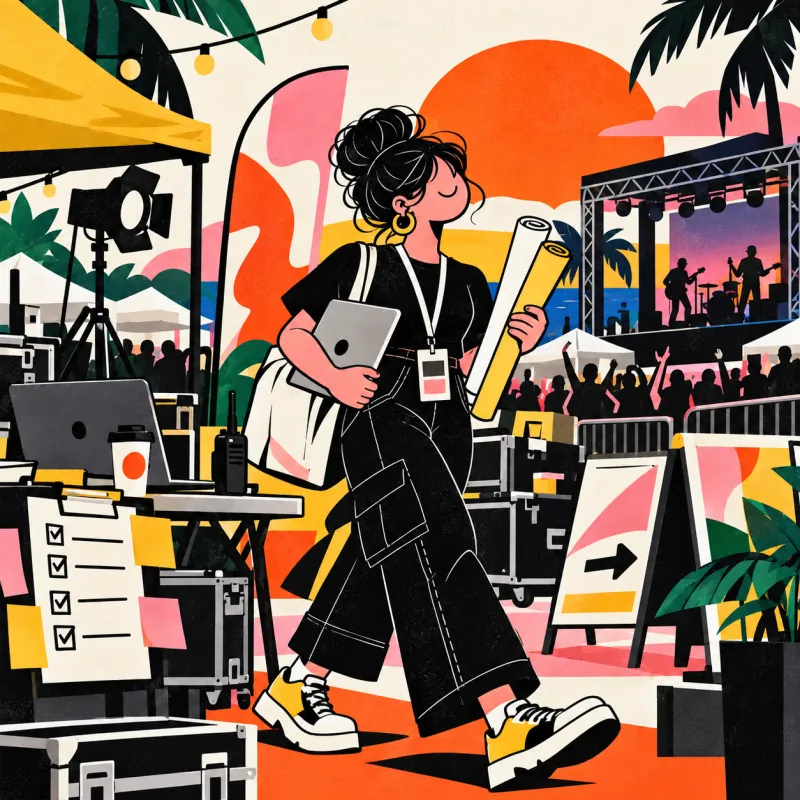 Illustration of an event coordinator beside a live stage