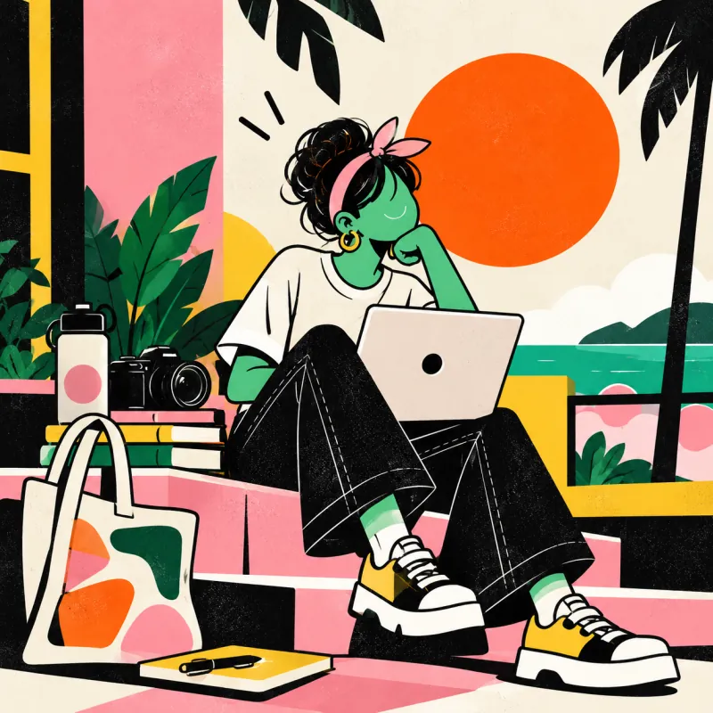 Illustration of a creator working on a laptop with a camera